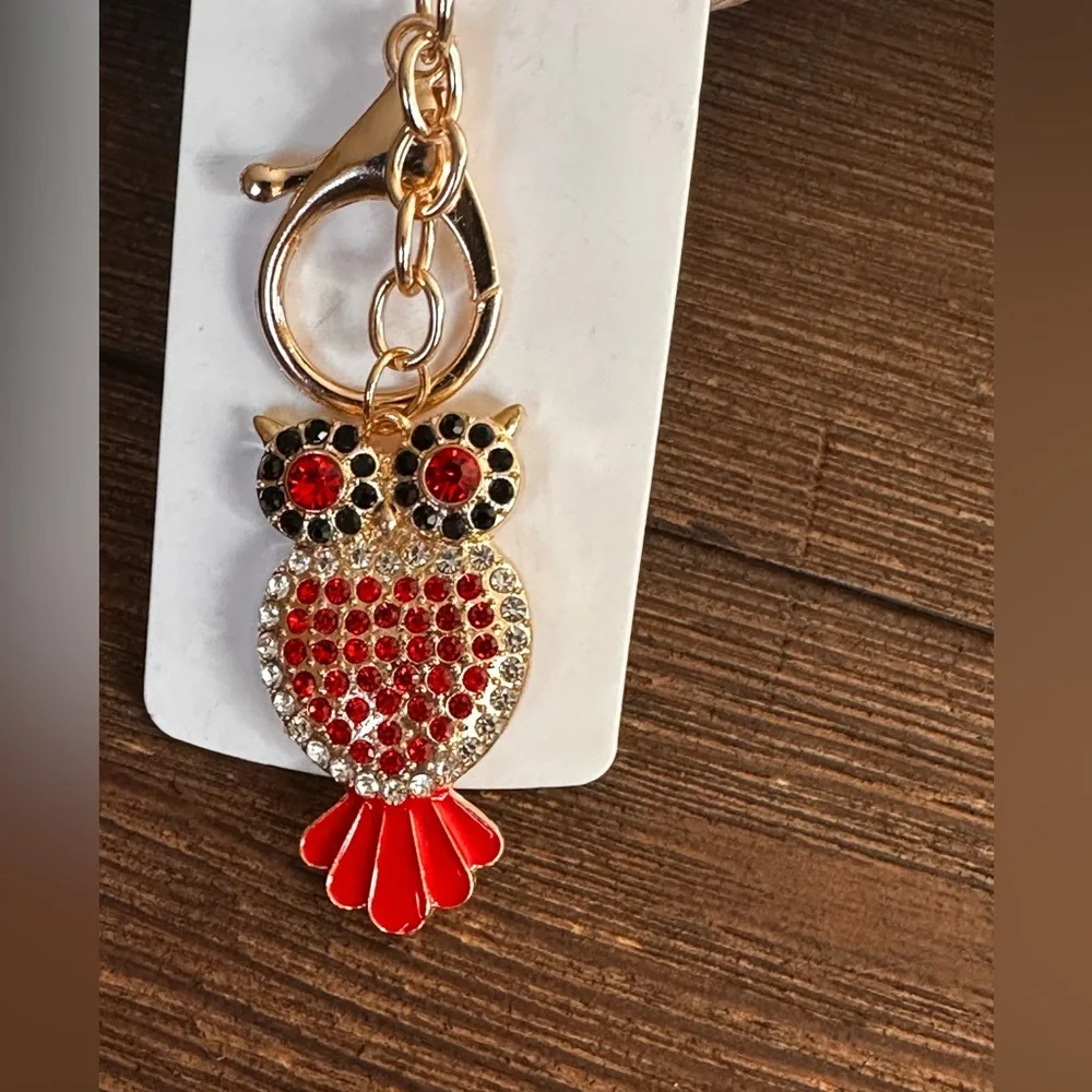 Keychain Red and Gold rhinestone Owl metal